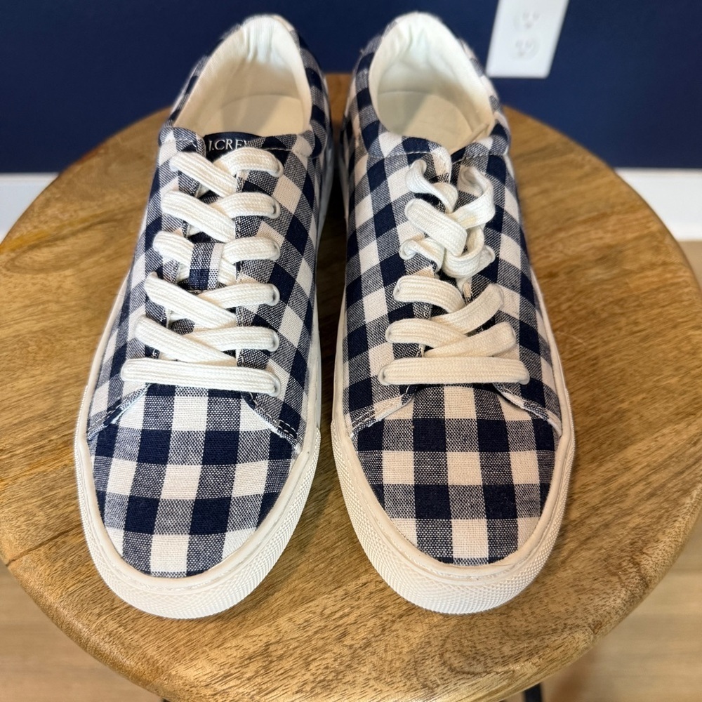J. Crew NWT Navy Gingham Printed Canvas Sneakers | Size 6.5 - Picture 6 of 8